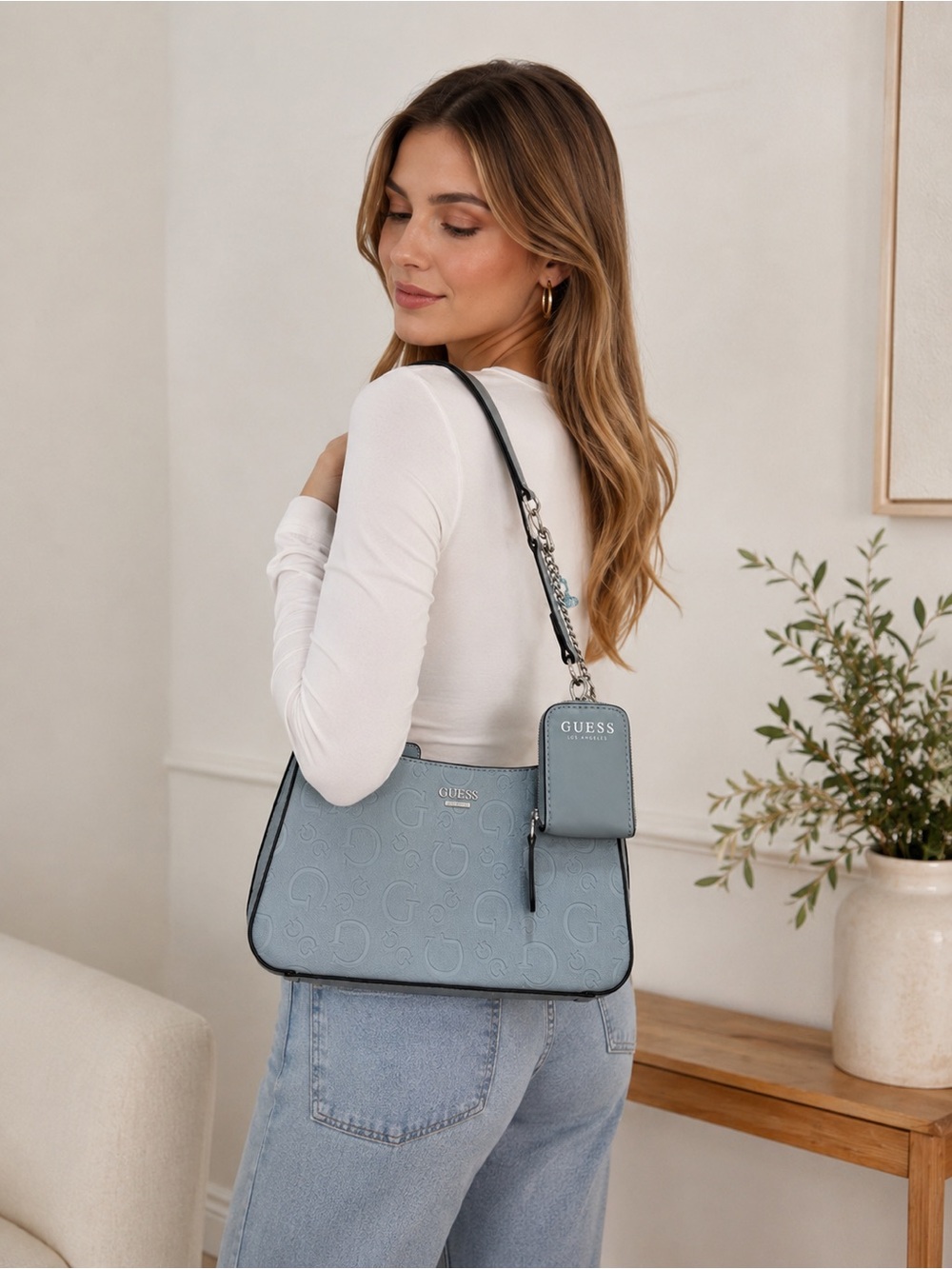 GUESS Light Blue Embossed Logo Shoulder Bag with Phone Pouch